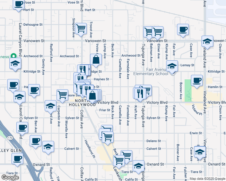 map of restaurants, bars, coffee shops, grocery stores, and more near 6438 Beck Avenue in Los Angeles