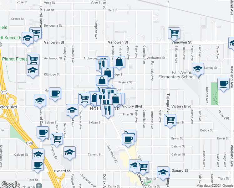 map of restaurants, bars, coffee shops, grocery stores, and more near 6442 Troost Avenue in Los Angeles