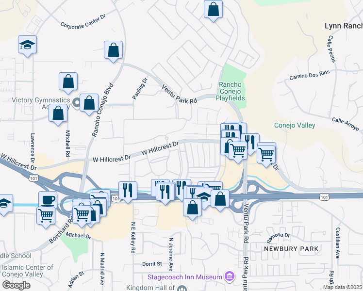 map of restaurants, bars, coffee shops, grocery stores, and more near 678 West Hillcrest Drive in Thousand Oaks