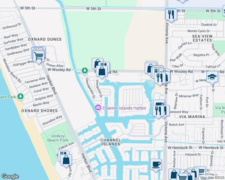 map of restaurants, bars, coffee shops, grocery stores, and more near 1324 Twin Tides Place in Oxnard