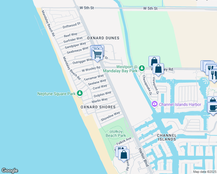 map of restaurants, bars, coffee shops, grocery stores, and more near 4921 Nautilus Street in Oxnard