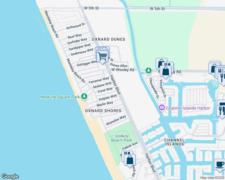 map of restaurants, bars, coffee shops, grocery stores, and more near 4921 Nautilus Street in Oxnard