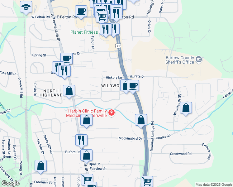 map of restaurants, bars, coffee shops, grocery stores, and more near 11 Chestnut Street in Cartersville
