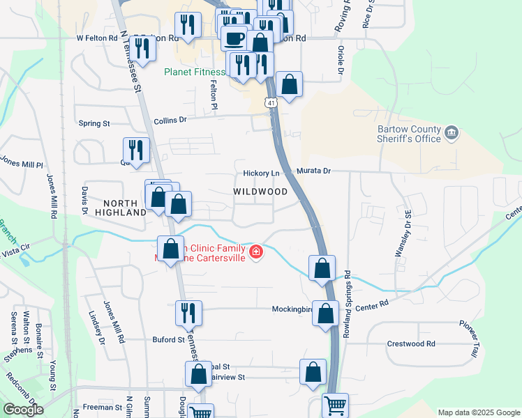 map of restaurants, bars, coffee shops, grocery stores, and more near 9 Chestnut Street in Cartersville