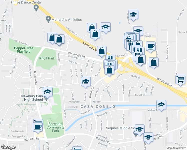 map of restaurants, bars, coffee shops, grocery stores, and more near 645 Verna Avenue in Ventura County