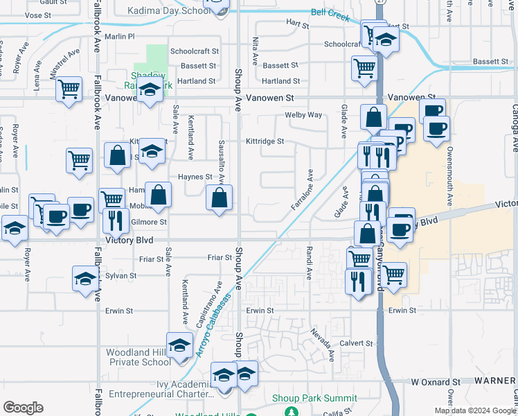 map of restaurants, bars, coffee shops, grocery stores, and more near 22342 Mobile Street in Los Angeles