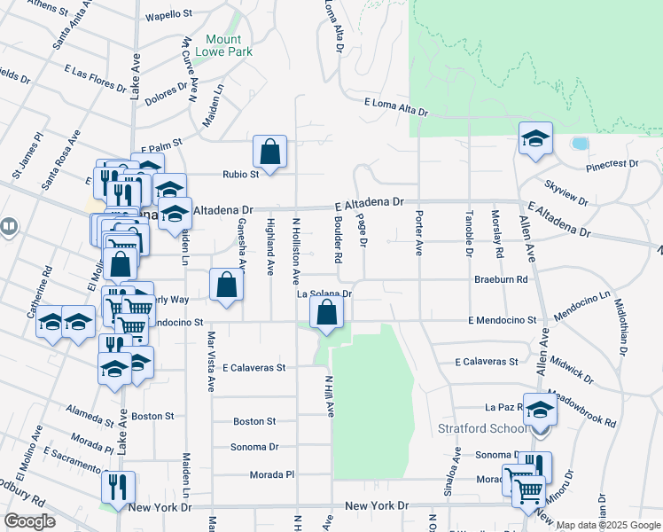 map of restaurants, bars, coffee shops, grocery stores, and more near 2509 Boulder Road in Altadena