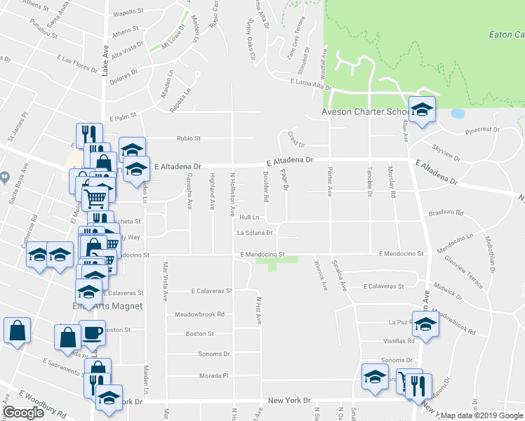 map of restaurants, bars, coffee shops, grocery stores, and more near 2509 Boulder Road in Altadena