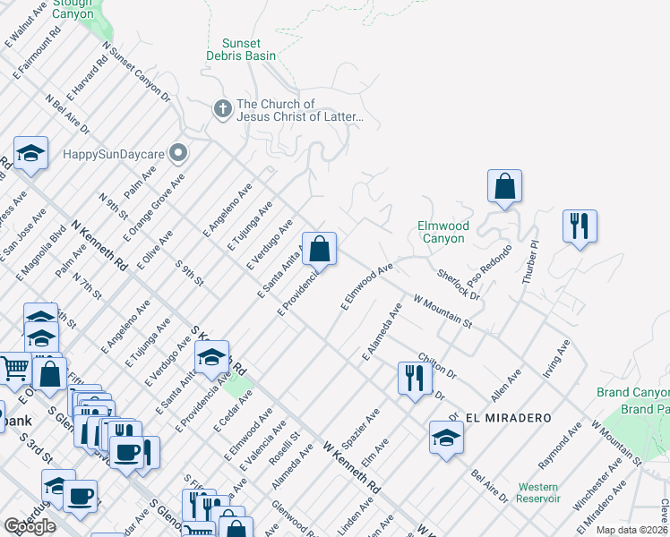 map of restaurants, bars, coffee shops, grocery stores, and more near 1068 East Providencia Avenue in Burbank