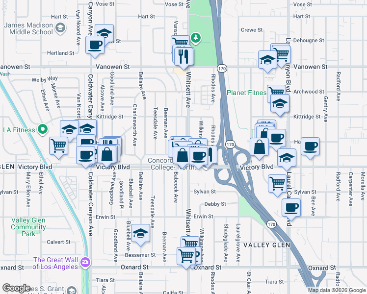 map of restaurants, bars, coffee shops, grocery stores, and more near 6447 Whitsett Avenue in Los Angeles