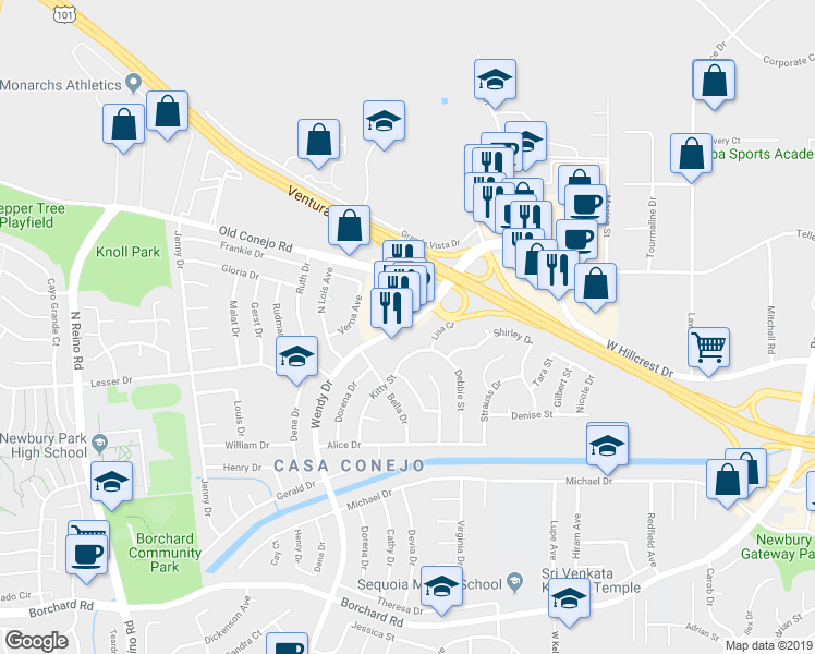 map of restaurants, bars, coffee shops, grocery stores, and more near 828 Wendy Drive in Thousand Oaks
