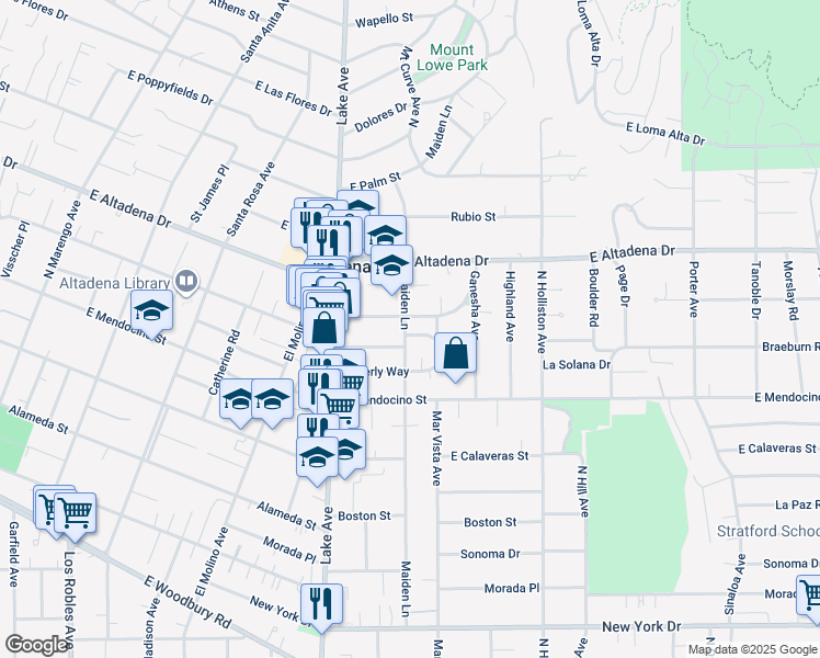 map of restaurants, bars, coffee shops, grocery stores, and more near 1079 Marcheta Street in Altadena