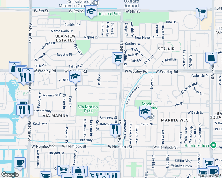 map of restaurants, bars, coffee shops, grocery stores, and more near 2960 Via Marina Court in Oxnard