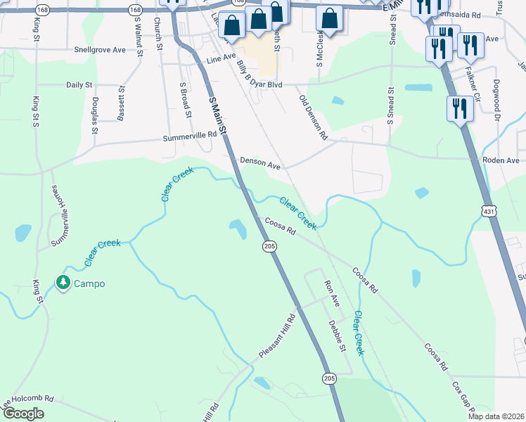 map of restaurants, bars, coffee shops, grocery stores, and more near 13 Coosa Road in Boaz