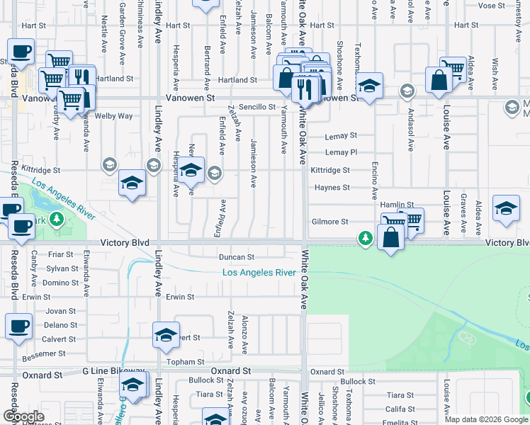 map of restaurants, bars, coffee shops, grocery stores, and more near 6441 Balcom Avenue in Los Angeles