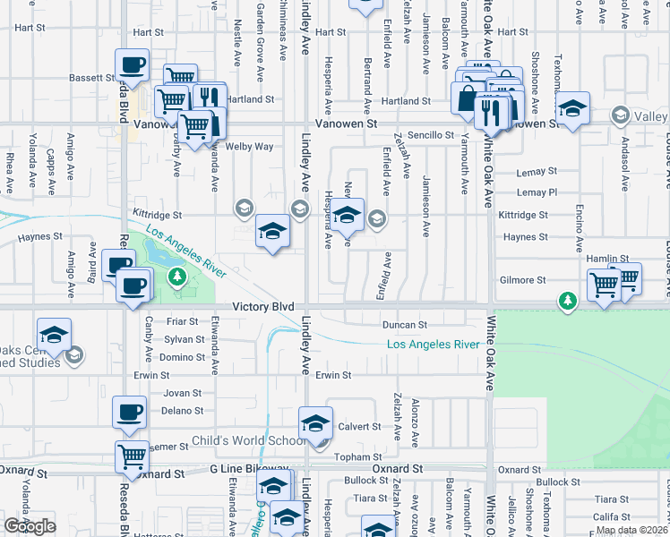 map of restaurants, bars, coffee shops, grocery stores, and more near 6447 Newcastle Avenue in Los Angeles