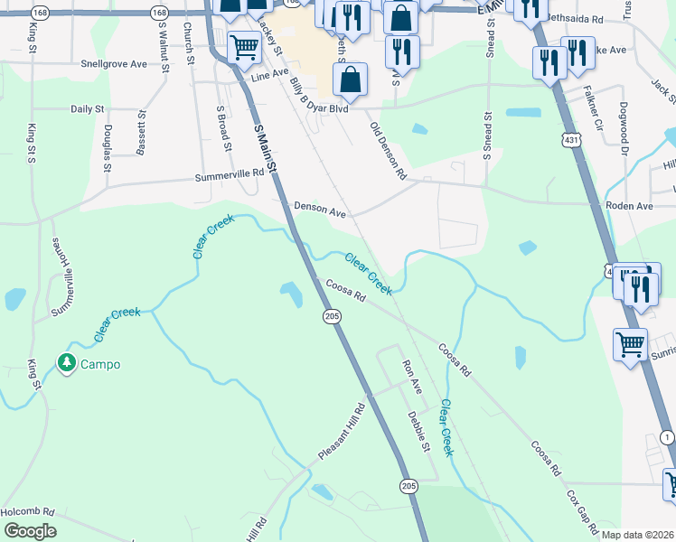 map of restaurants, bars, coffee shops, grocery stores, and more near 13 Coosa Road in Boaz
