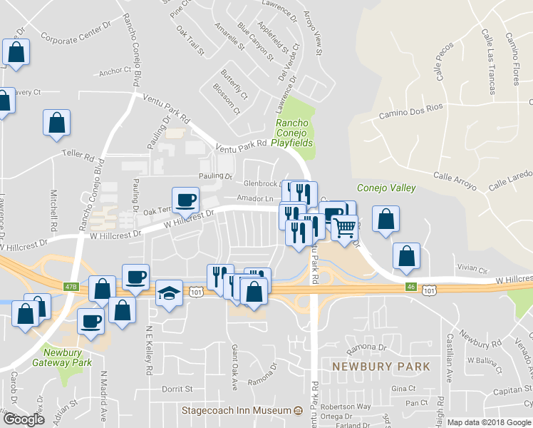 map of restaurants, bars, coffee shops, grocery stores, and more near 673 Paseo Esmeralda in Thousand Oaks