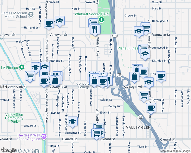 map of restaurants, bars, coffee shops, grocery stores, and more near 6441 Whitsett Avenue in Los Angeles