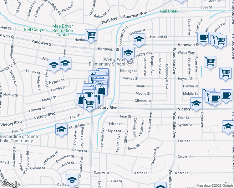 map of restaurants, bars, coffee shops, grocery stores, and more near 6451 Lederer Avenue in Los Angeles