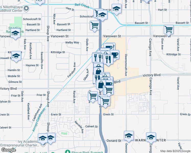 map of restaurants, bars, coffee shops, grocery stores, and more near 6458 Hanna Avenue in Los Angeles