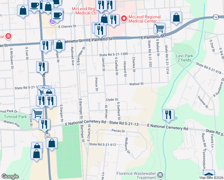map of restaurants, bars, coffee shops, grocery stores, and more near 512 Walnut Street in Florence