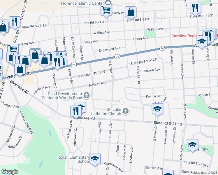 map of restaurants, bars, coffee shops, grocery stores, and more near 511 South Edisto Drive in Florence