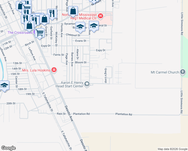 map of restaurants, bars, coffee shops, grocery stores, and more near 1160 Ritchie Avenue in Clarksdale