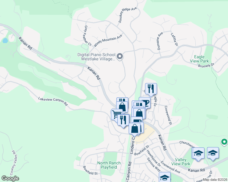 map of restaurants, bars, coffee shops, grocery stores, and more near 5721 White Cloud Circle in Westlake Village