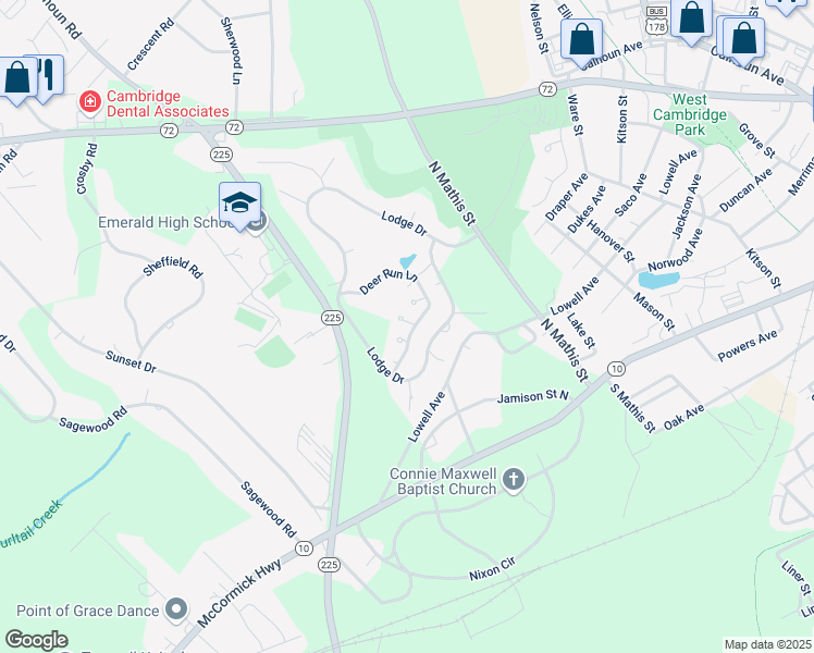 map of restaurants, bars, coffee shops, grocery stores, and more near 234 Deer Run Lane in Greenwood