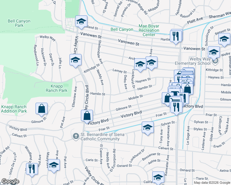 map of restaurants, bars, coffee shops, grocery stores, and more near 24115 Hamlin Street in Los Angeles