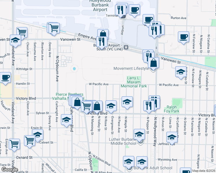 map of restaurants, bars, coffee shops, grocery stores, and more near 2140 North Rose Street in Burbank