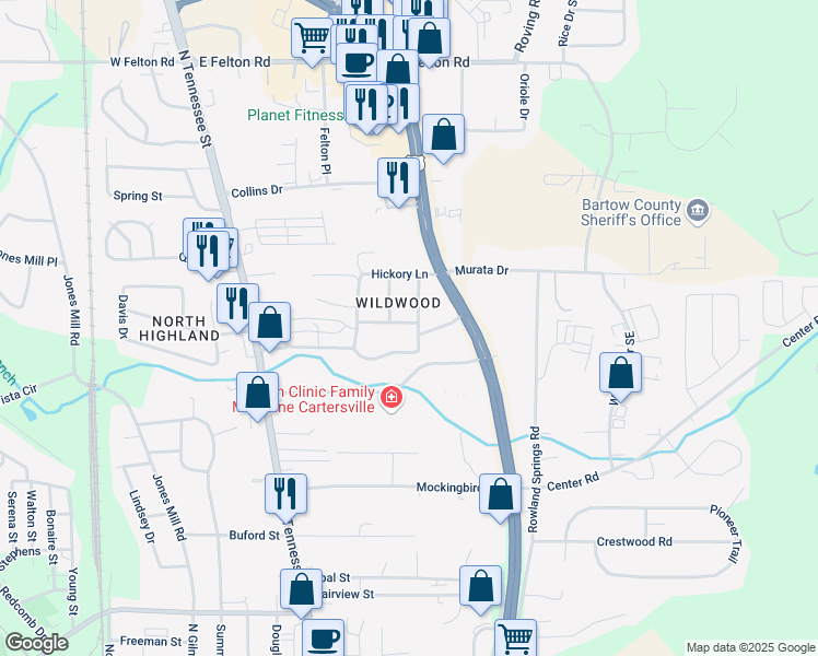 map of restaurants, bars, coffee shops, grocery stores, and more near 11 Chestnut Street in Cartersville