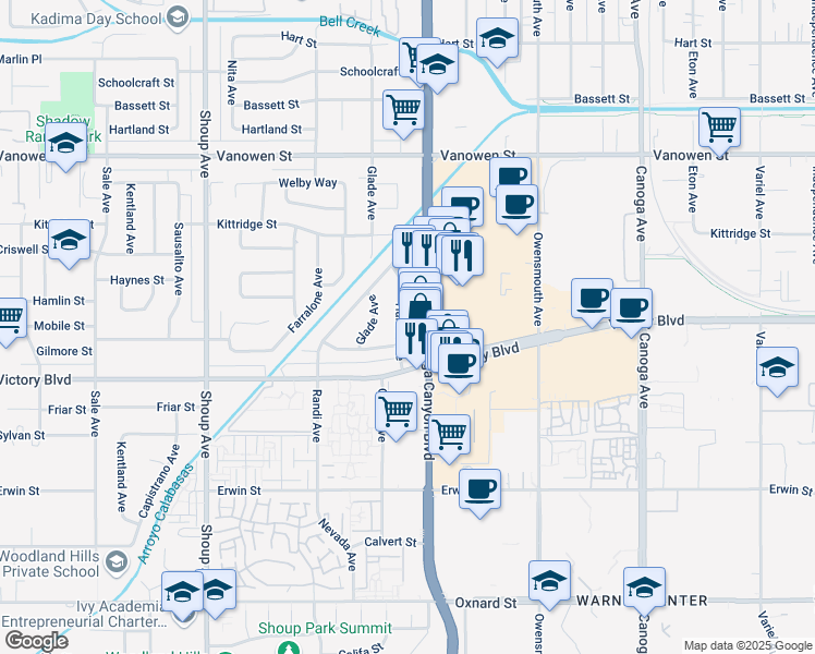 map of restaurants, bars, coffee shops, grocery stores, and more near 6458 Hanna Avenue in Los Angeles