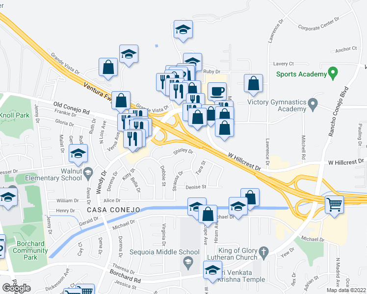 map of restaurants, bars, coffee shops, grocery stores, and more near 2967 Shirley Drive in Thousand Oaks