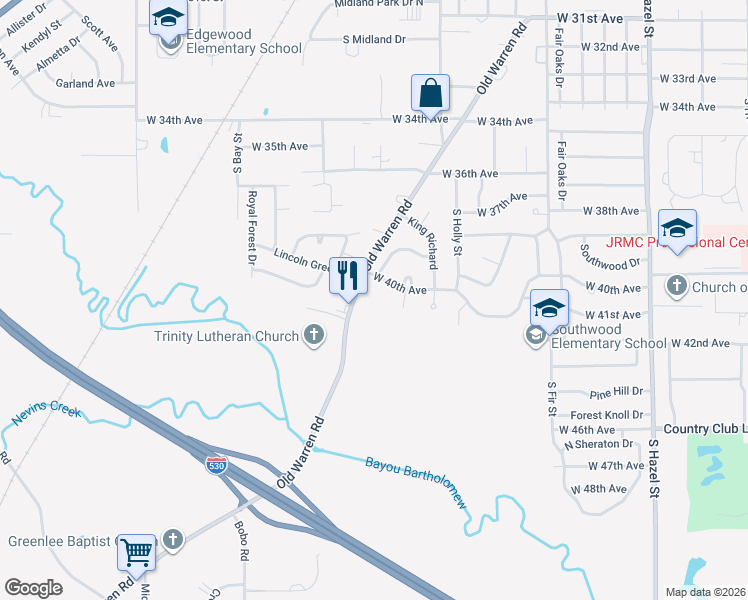 map of restaurants, bars, coffee shops, grocery stores, and more near 4010 Old Warren Road in Pine Bluff