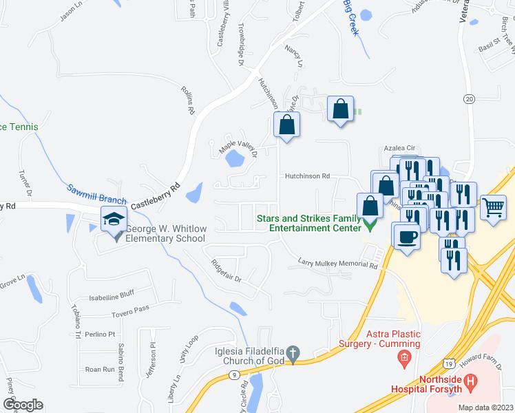 map of restaurants, bars, coffee shops, grocery stores, and more near 3801 Tattenhall Drive in Cumming