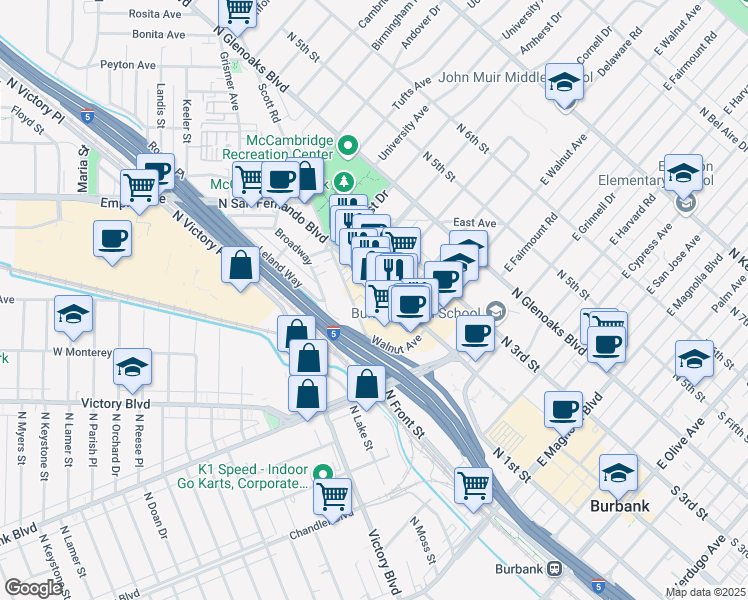 map of restaurants, bars, coffee shops, grocery stores, and more near 1120 Scott Road in Burbank