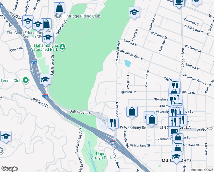 map of restaurants, bars, coffee shops, grocery stores, and more near 1040 Chevron Court in Pasadena