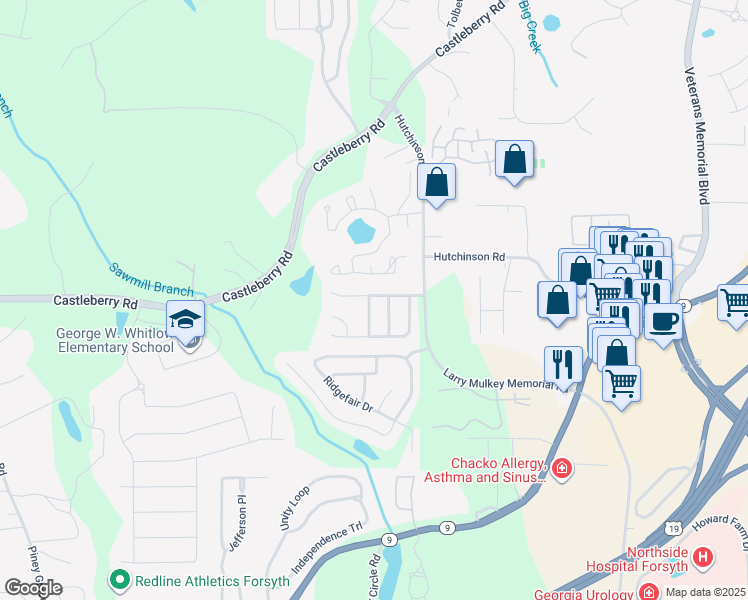 map of restaurants, bars, coffee shops, grocery stores, and more near 3901 Deerborne Drive in Cumming