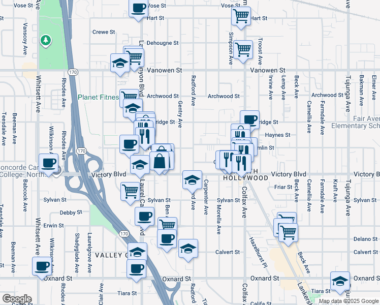 map of restaurants, bars, coffee shops, grocery stores, and more near 6449 Radford Avenue in Los Angeles