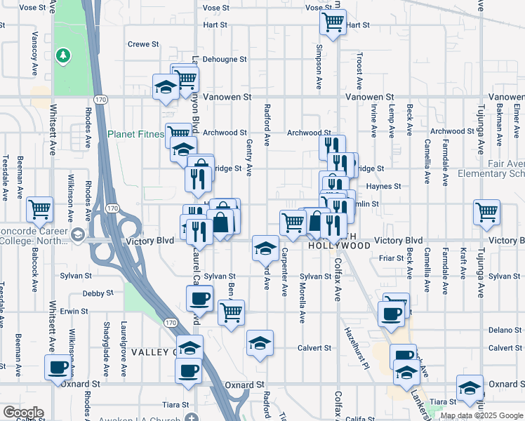map of restaurants, bars, coffee shops, grocery stores, and more near 6449 Radford Avenue in Los Angeles