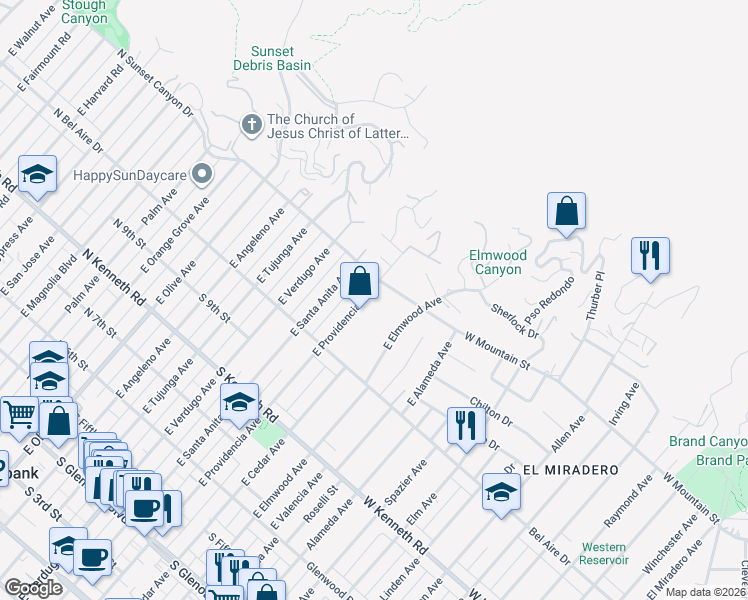 map of restaurants, bars, coffee shops, grocery stores, and more near 1068 East Providencia Avenue in Burbank