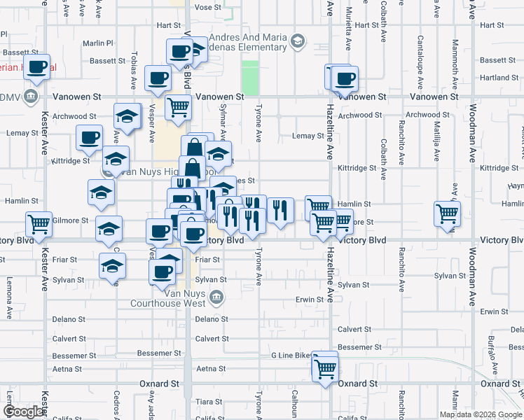 map of restaurants, bars, coffee shops, grocery stores, and more near 6444 Tyrone Avenue in Los Angeles
