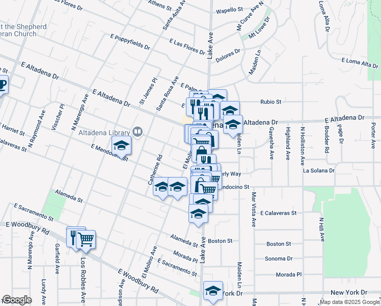 map of restaurants, bars, coffee shops, grocery stores, and more near East Mariposa Street & El Molino Avenue in Altadena