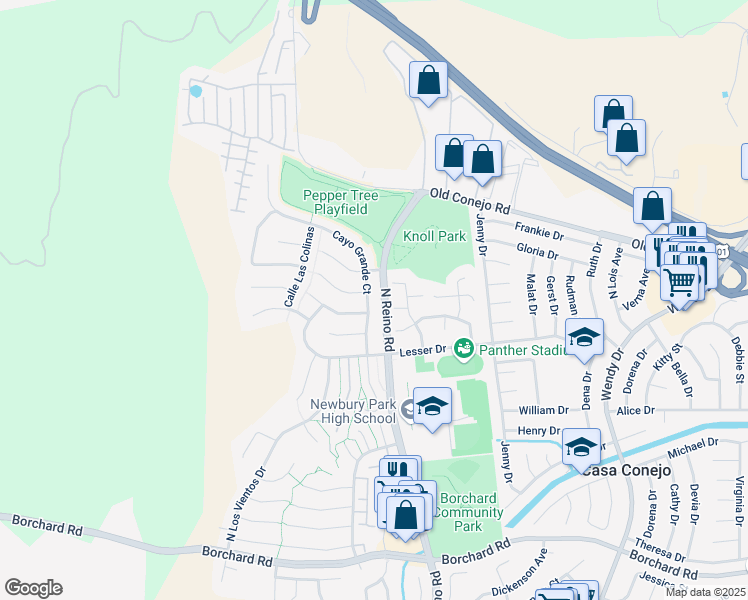 map of restaurants, bars, coffee shops, grocery stores, and more near 740 Cayo Grande Court in Thousand Oaks