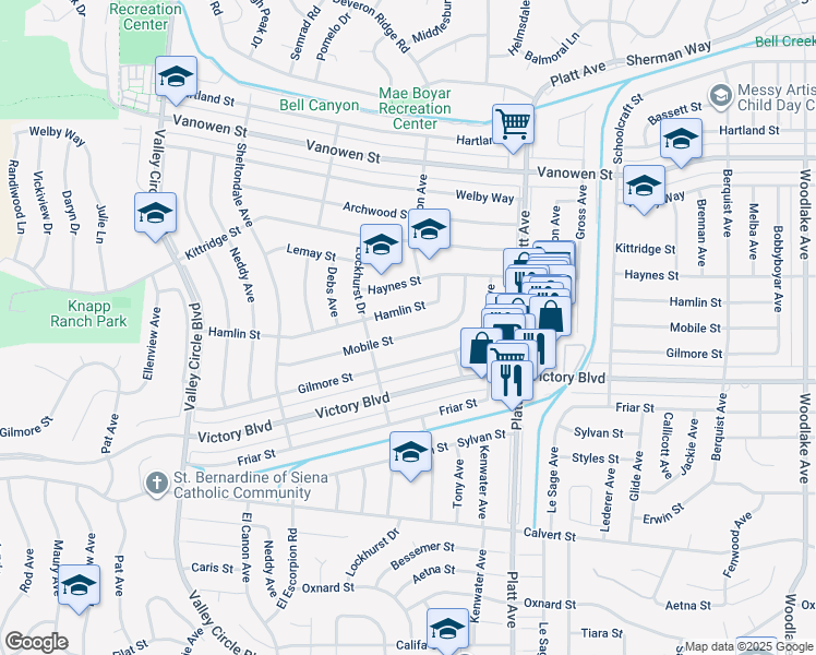 map of restaurants, bars, coffee shops, grocery stores, and more near 23913 Mobile Street in Los Angeles