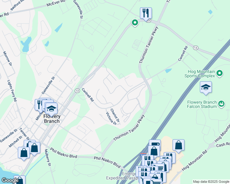 map of restaurants, bars, coffee shops, grocery stores, and more near 4675 Beacon Ridge Lane in Flowery Branch