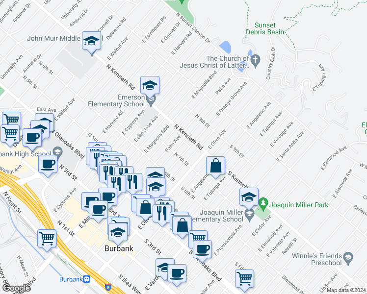 map of restaurants, bars, coffee shops, grocery stores, and more near 711 East Orange Grove Avenue in Burbank