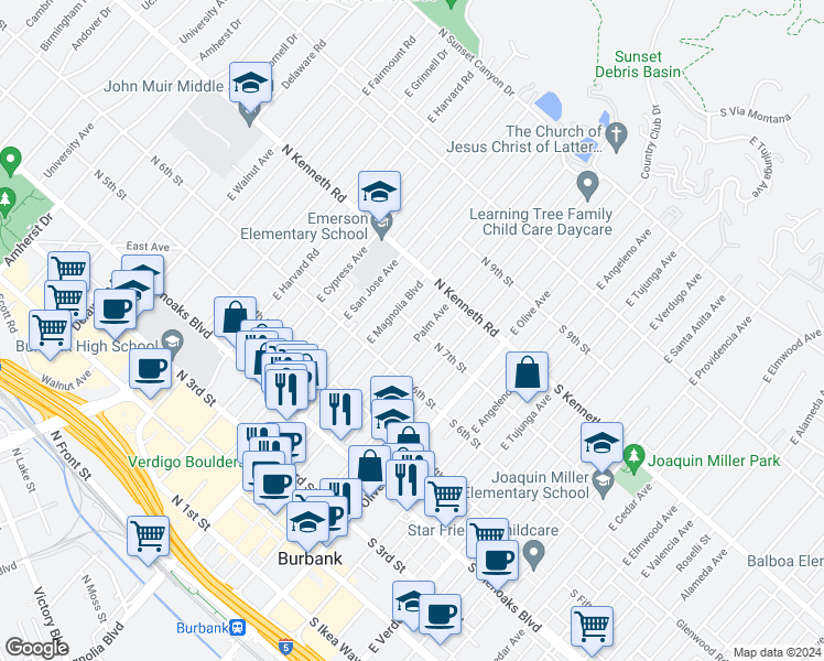 map of restaurants, bars, coffee shops, grocery stores, and more near 311 North 7th Street in Burbank